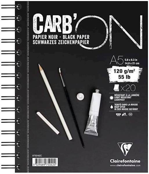 Clairefontaine blok skicirni Carbon spiralni, A5, 20 listni, 120 g, črn papir